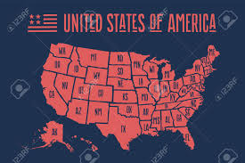 Cartel Del Mapa De Los Estados Unidos De América Con Los Nombres De Estado. Mapa  Imprimir De EE.UU. Para La Camiseta, Póster O Diseño De Temas Geográfica.  Mapa Dibujado A Mano Con