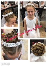 Here the proposal is to leave the hair a little below the shoulders very natural slightly wavy and create a very subtle half ponytail that intertwines. First Communion Hairstyle Curls Veil Updo First Communion Hairstyles Kids Hair Salon Communion Hairstyles
