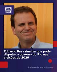 Pela primeira vez, o prefeito do Rio, Eduardo Paes, dá a entender que vai  concorrer ao cargo de governador do estado nas próximas eleições, que  acontecem em 2026. Paes já foi candidato