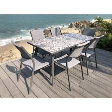 ensemble 1 table rectangulaire avec 6 chaises en metal et plateau en gres 162x82x74cm gris a table et chaises de jardin chaise de jardin table et chaises