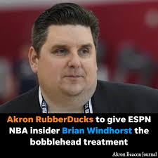 Akron native and @espn Insider Brian Windhorst (@windhorstespn) will be  immortalized with a bobblehead giveaway from the @akronrubberducks. The  first 1,000 fans in attendance will receive a collectible bobblehead of the  former