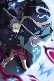 maka albarn, soul eater, absurdres, highres, 1girl, blonde hair, closed  mouth, full body, gloves, green eyes, green necktie, holding, holding  scythe, long hair, long sleeves, looking at viewer, necktie, plaid, plaid  skirt,