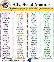 Adverbs of manner help us to express how we do something. Adverbs Of Manner List And Example Sentences English Grammar Here English Vocabulary Words English Grammar Learn English Words