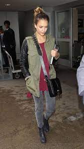 Jessica Alba Army Green Jacket W Leather Sleeves Garnet T Shirt Black Bag Gray Diamond Print Jeans Style Inspiration Casual Olive Green Coat Camo Outfits