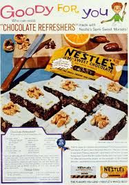 Goody For You Who Can Resist Chocolate Refreshers Made With Nestle S Semi Sweet Morsels They Re Chewy Dessert Recipes Vintage Dessert Sweet Chocolate Recipe