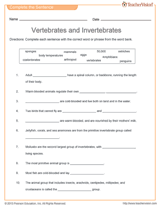 Vertebrates And Invertebrates Word Fill In Science Printable Grades 2 5 Vertebrates And Invertebrates Sixth Grade Science Middle School Science Experiments