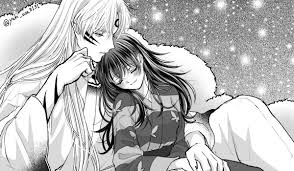 rin (inuyasha), sesshoumaru, inuyasha, 1boy, 1girl, black hair, blush, body  markings, breasts, closed eyes, couple, cuddling, demon boy, facial mark,  forehead mark, greyscale, half-closed eyes, hand on own face, hetero,  holding hands,