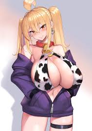 kirome (kamipaper), saaya (kirome), haks, original, highres, 1girl, ahoge,  animal print, bell, blonde hair, blush, breasts, choker, cleavage, collar,  cow print, cowbell, earrings, heart, heart earrings, huge breasts, jacket,  jewelry, long hair,