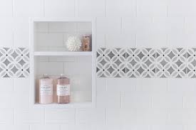 White Shower Tiles With Gray Border Tiles Framing Tiled Shower Niche Transitional Bathroom White Subway Tile Shower Tile Shower Niche White Tile Shower