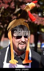 Volunteer Brian Purvis donned the correct headwear for the event. Causeway,  civic innovation organization, held it's One Table Community Thanksgiving  Potluck lunch in the middle of Martin Luther King Junior Boulevard in  Chattanooga