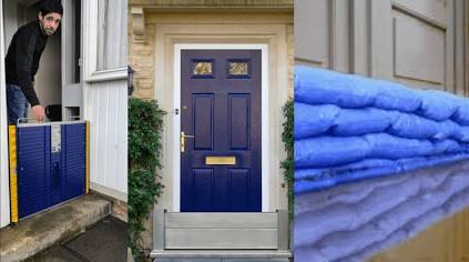 Modular flood barriers block rising surface water from entering doorways, AI generated