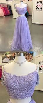 Light Purple Tulle Long Prom Dress Two Piece Lace Evening Dress Off The Shoulder Prom Party Gowns Cheap Prom Dresses Long Prom Dresses Two Piece Top Prom Dresses