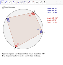 It says that these opposite angles are in fact supplements for each other. Circle Geometry Cyclic Quadrilaterals Geogebra