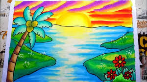 Dari mulai gambar pemandangan, hewan, kartun terbaru, kendaraan, buah, rumah, masjid dan lain sebagainya. Cara Menggambar Dan Mewarnai Pemandangan Sunset Dan Pantai Drawing Sunset Scenery Gradasi Crayon Youtube