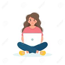 Mujer Con Un Concepto De Trabajo Portátil, Estudiante O Autónomo.  Ilustración De Vector De Estilo De Dibujos Animados Plana Ilustraciones  svg, vectoriales, clip art vectorizado libre de derechos. Image 174853218