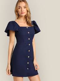 Shein Button Front Flutter Sleeve Tea Dress Vestidos Casuais Looks Vestidos Vestidos