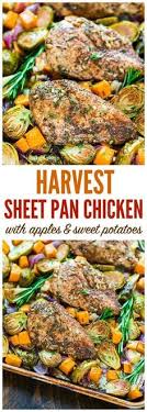 One Pan Paleo Harvest Chicken Dinner With Apples Sweet Potatoes And Brussels Sprouts Easy Sheet Pan Suppers Recipes Chicken Sweet Potato Easy Supper Recipes