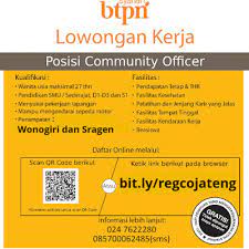 Halaman 1 dari 1.591 lowongan. Lowongan Kerja Community Officer Di Btpn Syariah Penempatan Wonogiri Sragen Solo Jawa Tengah Juni 2021 Karer Id