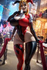 ai generated batman (series) big breasts busty dc dc comics harley  quinn hourglass figure huge breasts latex massive breasts skin tight  smiling supervillainess the hotshot thick thighs tight clothing