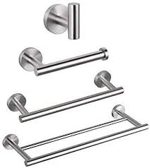 Shop accessory kits, grab bars, lighting, robe hooks, soap dish holders, towel bars, and towel rings from grohe. Amazon Com Gerzwy Bathroom Hardware Set 4 Pieces Brushed Sus 304 Stainless Steel Bathroom Hardware Accessories Sets Wall Mounted Double Towel Bar Towel Holder Hook Toilet Paper Holder Home Kitchen