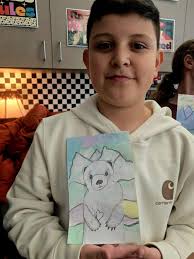 Our art students had so much fun creating these bright Frozen Tundra  landscapes inspired by Ted Harrison. Each piece features a bold polar bear  and colorful winter skies. It feels extra fitting