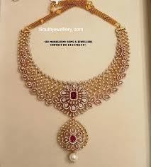 18 Carat Gold Necklace Studded With Diamonds And Rubies By Sri Mahalaxmi Gems Diamond Necklace Designs Diamond Wedding Jewelry Gold Jewellery Design Necklaces