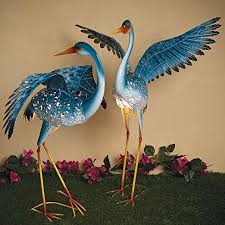 Amazon Com Bits And Pieces Set Of Two 2 Solar Powered Led Light Up Blue Cranes Garden Statues Metal Cranes P Metal Garden Art Garden Statues Garden Art