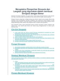 Ada sinopsis fiksi, sinopsis non fiksi dan sinopsis esai. Pengertian Sinopsis Adalah Sinopsis Sedangkan Pengertian Sinopsis Menurut Kbbi Adalah Karangan Ilmiah Yang Biasanya Dimunculkan Bersamaan Dengan Karangan Asli Yang Menjadi Dasar Pembuatan Sinopsis Tersebut