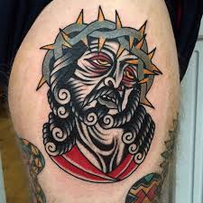 The tongues of flame emanating from the heart represent jesus' burning love for humanity, while the crown of thorns and the wound in the heart allude to scenes from his passion. Traditional Jesus Tattoos Cloak And Dagger Tattoo London