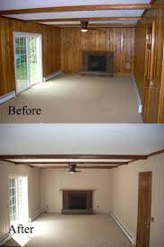 It is thought that wood paneling was originally developed to make rooms more comfortable, in that the wood panels served to insulate the interior from the cold rock walls of ancient buildings. Before And After Old Wall Paneling Primed And Painted Spencerpainting Us Spencerpainting Paneling Makeover Wood Paneling Makeover Home Remodeling