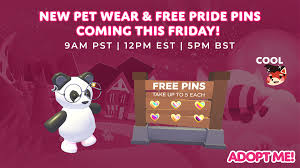 Adopt me have leaked a brand new pet on their twitter! Adopt Me On Twitter New Pet Wear And Free Pride Pins Coming This Friday 9am Pst 12pm Est 5pm Bst Search 9am Pst Local Time To Find Out