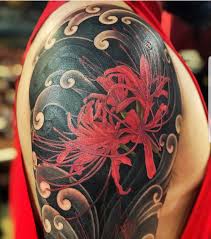 Red ink tattoos mini tattoos little tattoos great tattoos body art tattoos small tattoos carnation tattoo red spider lily lillies tattoo. Red Spider Lily Tattoo With Traditional Japanese Clouds Lily Tattoo Design Lily Tattoo Rose Flower Tattoos
