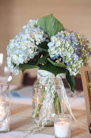 Blue Hydrangea With Lace In Mason Jar Designed By Judy Johnston Of Enga Hydrangea Centerpiece Wedding Flower Centerpieces Wedding Wedding Floral Centerpieces