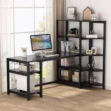 Basematerial:particleboard, printed acrylic paint, abs plastic. Amazon Com Tribesigns Modern Computer Desk With 5 Tier Storage Shelves 67 Inch Large Office Desk Study Writing Table Workstation With Corner Bookshelf And Tower Shelf For Home Office Black Kitchen Dining