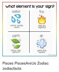 Each of these elementary groups has distinct traits. What Element Is Your Sign Water Fire Aries Leo Cancer Scorpo Pisces Anies Sagitfarus Earth Ain Gemini Ibra Aquanus Taurus Caprcor Pisces Piscesareus Zodiac Zodiacfacts Fire Meme On Me Me