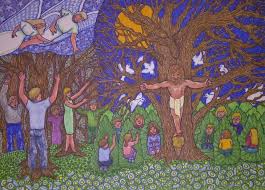 Suzanne Berton S Colored Drawing Of Jesus Crucified On The Tree Is A Symbolic Piece Like The Old Rugged Jesus Crucified Colorful Drawings Christian Traditions