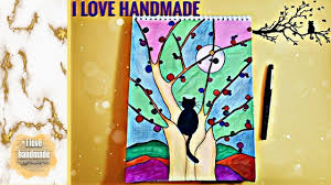 draw artistically cat in colorful tree رسم قطة فوق الشجرة مع القمر handmade my love