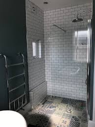 Bathroom White Brick Tiles Grey Grouting Oval Room Blue Farrow And Ball Mismatched Tiles Shower White Tile Floor Tile Floor Bathroom Design Inspiration