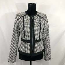 Black And White Houndstooth Blazer Womens Calvin Klein Womens Size 4 White Black Houndstooth Full Zip Blazer Jacket In 2020 Tweed Blazer Women Black Houndstooth Blazer Jacket