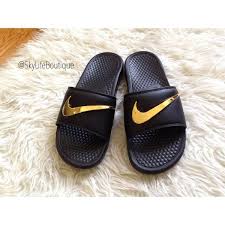 Black And Gold Nike Slides Mens Nike Benassi Swoosh Ironman Golden Check Slides Pre Order Nike Slippers Nike Benassi Nike Flip Flops
