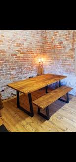 We are totally in love with our new dining room table. Rustic Dining Table Bench Set With Trapezium Frame Base Vintage Industrial Rustic Reclaimed Effect Amazon Co Uk Handmade