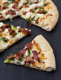 Goat Cheese Bacon And Brussels Sprout Pizza Recipe Pizza Recipes Homemade Brussel Sprouts Homemade Dough