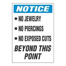 ToughWash Adhesive Signs - Notice No Jewelry No Piercings | Emedco