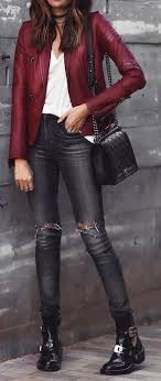 40 Exceptional And Cute Winter Outfit Ideas Red Leather Jacket Outfit Leather Jacket Outfits Burgundy Leather Jacket Outfit