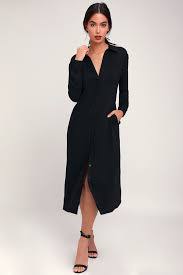 Everyday Chic Black Long Sleeve Midi Shirt Dress Midi Shirt Dress Casual Summer Dresses Casual Dresses For Women