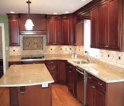 A Patterned Beige Backsplash With Beige Toned Countertops Help To Highlight The Deep Cherry C Kitchen Design Small Kitchen Remodel Design Cheap Kitchen Remodel