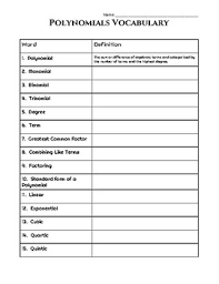 Polynomials Vocabulary Worksheet And Quiz Printable And Digital