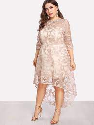 Plus Applique Mesh Overlay Dip Hem Dress Gaya Model Pakaian Model Pakaian Gaun Perempuan