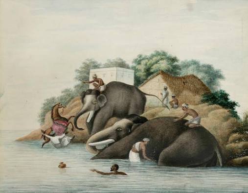 Bonhams : Bani Lal (1850-1901) Elephants bathing in the river, Patna, c. 1880