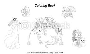 Book of a weird bottle coloring book by doming. Coloring Book Set Princess Cat Owl Cake Unicorn Picture In Hand Drawing Style For Happy Birthday Greeting Card Canstock